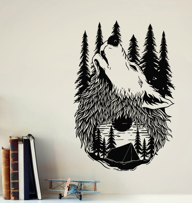 Vinyl Wall Decal Howling Wild Wolf Head Night Moon Nature Camp Stickers Mural (g7684)