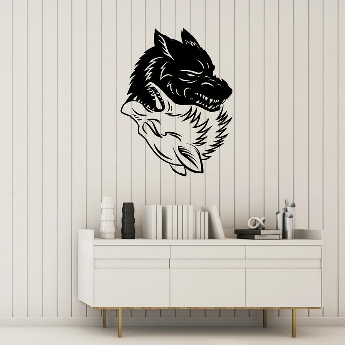 Wolves Vinyl Wall Decal Animal Predator Grin Black White Yin Yang Stickers Mural (k279)