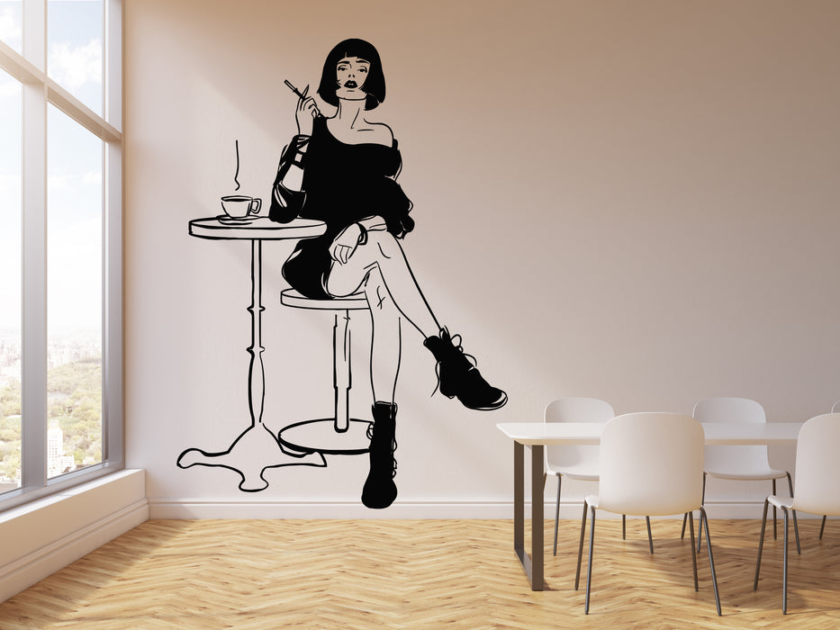 Vinyl Wall Decal Parisian Beauty Woman In Cafe Coffee Cigarette Stickers Mural (g996)