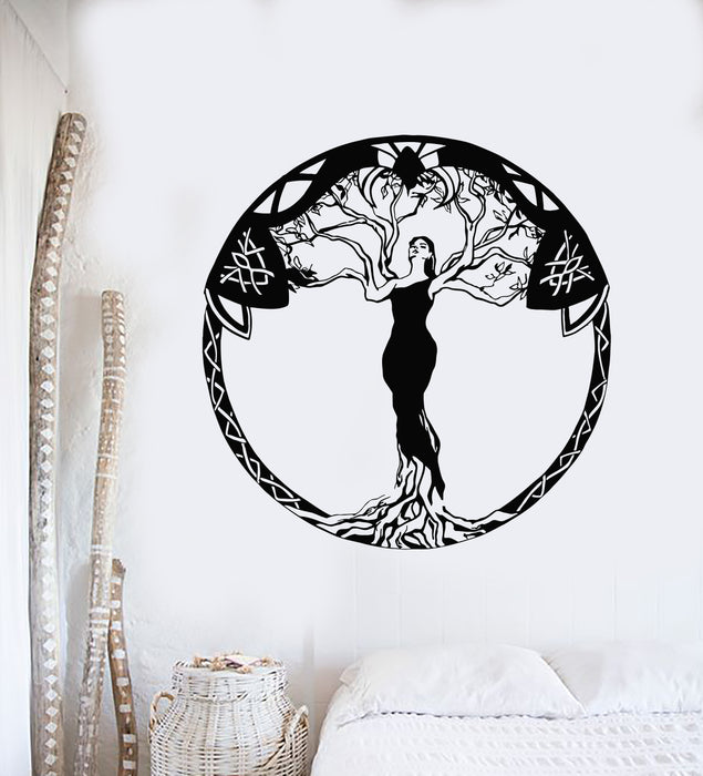 Vinyl Wall Decal Circle Abstract Girl Tree Branches Leaves Roots Yoga Studio Stickers Mural (g5995)