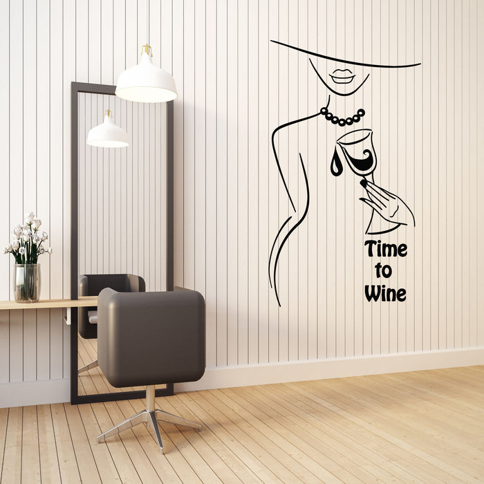 Vinyl Wall Decal Woman In Hat Wineglass Phrase Time To Wine Stickers Mural (g8210)