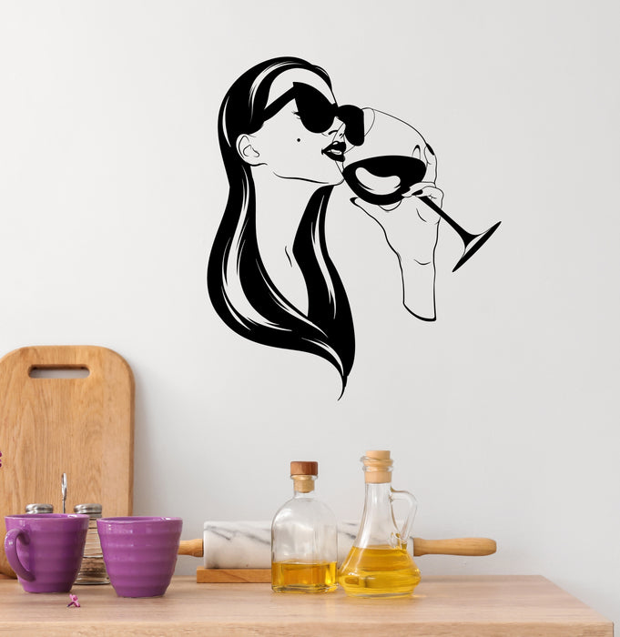 Woman with Glass Vinyl Wall Decal Wine Bars Store Stickers Mural (k185)