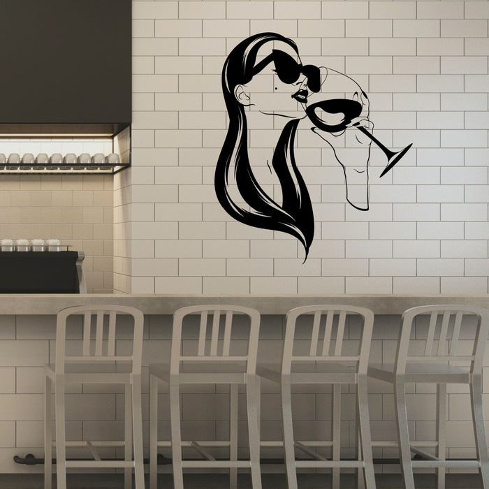 Woman with Glass Vinyl Wall Decal Wine Bars Store Stickers Mural (k185)