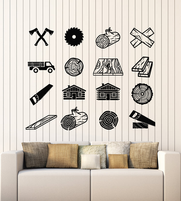 Autocollant mural en vinyle Woodworks Forest Trees Wood Axes Woodcutter Stickers Mural (g5936)