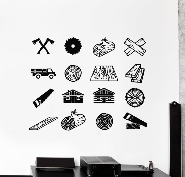 Autocollant mural en vinyle Woodworks Forest Trees Wood Axes Woodcutter Stickers Mural (g5936)