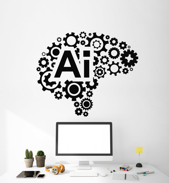 Vinyl Wall Decal Artificial Intelligence AI Working Space Study Office Gears Brain Stickers Mural (g2645)