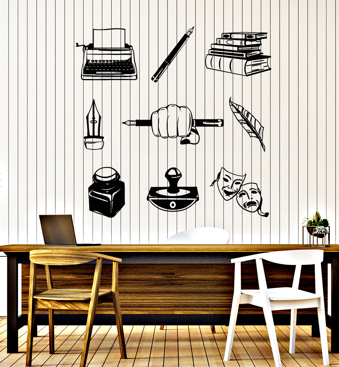 Vinyl Wall Decal Typewriter Writer Journalist Books Theatrical Masks S ...