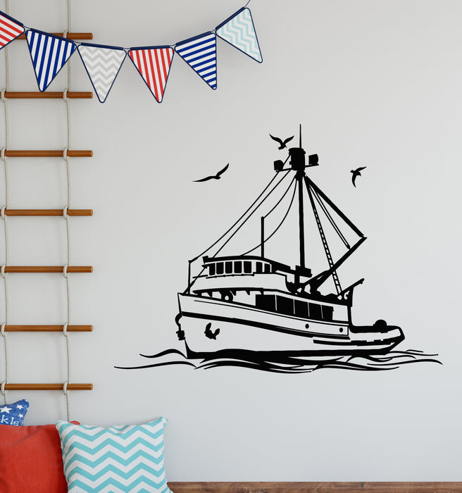 Vinyl Wall Decal Sketch Boat Yacht Fishing Boat On Ocean Waves Stickers Mural (g7809)