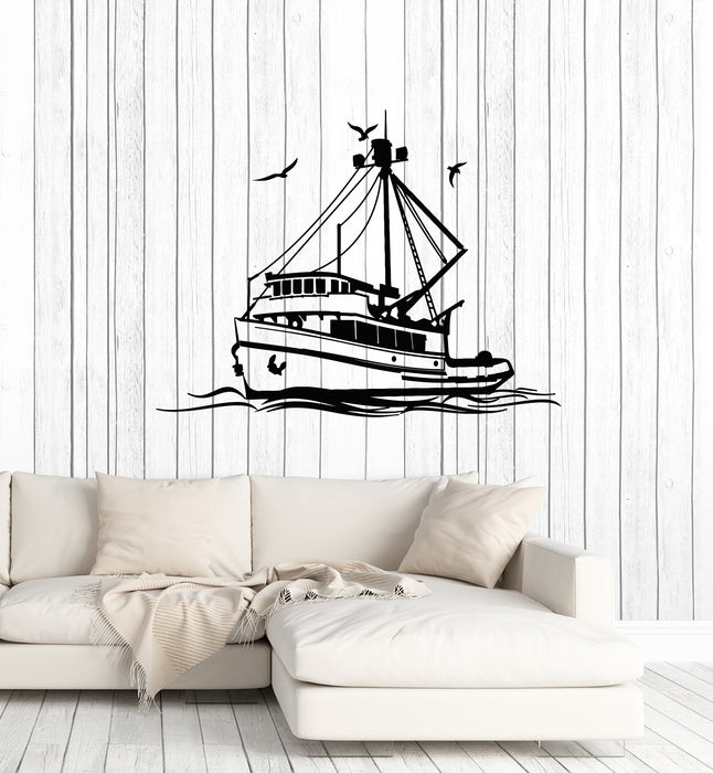 Vinyl Wall Decal Sketch Boat Yacht Fishing Boat On Ocean Waves Stickers Mural (g7809)