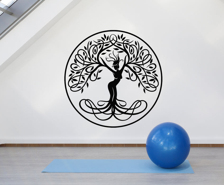 Vinyl Wall Decal Abstract Girl Tree Branches Leaves Roots Yoga Room Stickers Mural (g3637)