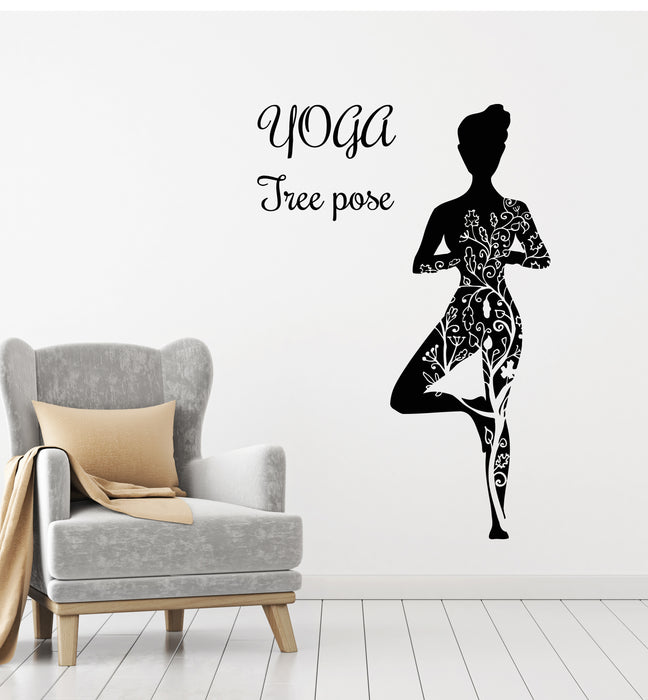 Vinyl Wall Decal Girl Yoga Meditation Balance Tree Pose Flowers Stickers Mural (g3903)