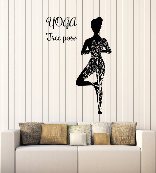 Vinyl Wall Decal Girl Yoga Meditation Balance Tree Pose Flowers Stickers Mural (g3903)