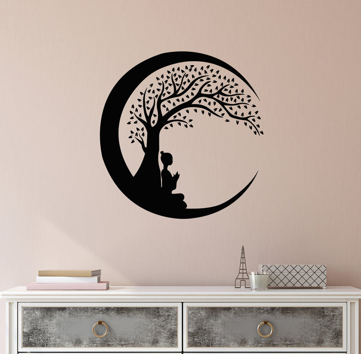Vinyl Wall Decal Yoga Nature Meditation Girl Lotus Pose Crescent Beauty Tree Stickers Mural (g8143)