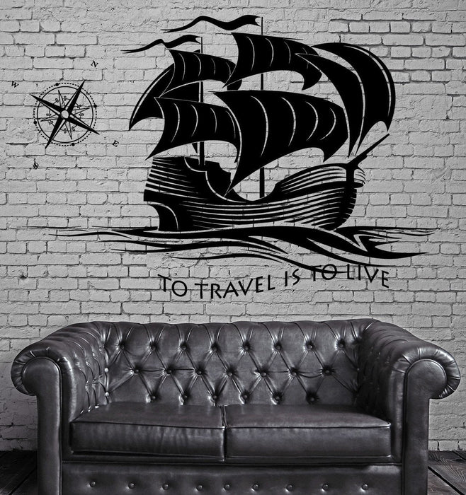 Decal Ship Yacht Compass Quotes To Travel Is To Live Ocean Sea Waves Unique Gift z2834