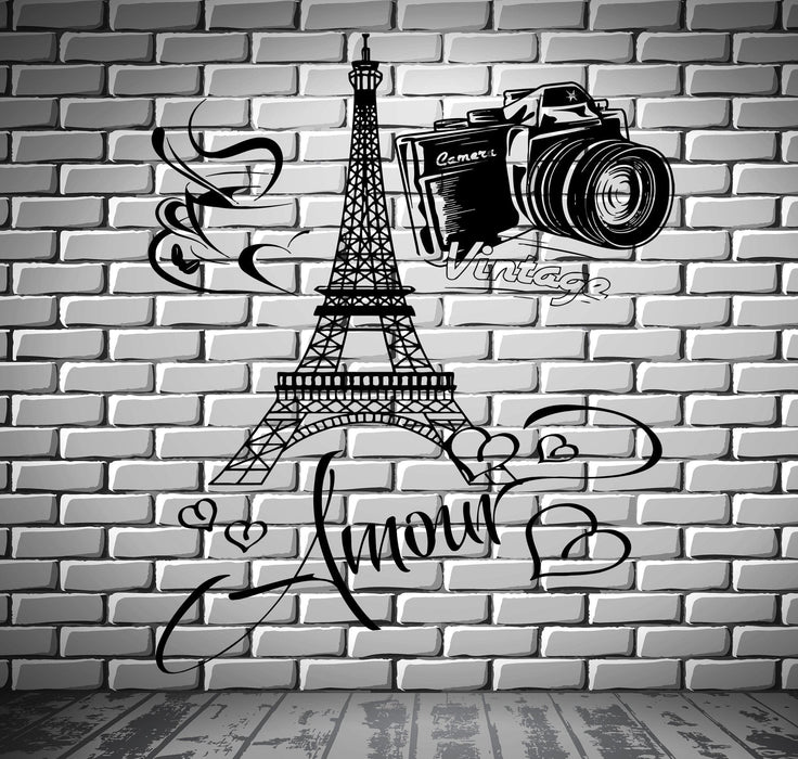 Decal Paris Eiffel Tower Amour Love Hearts Cup Of Coffee Vintage Camera Unique Gift (z2850)