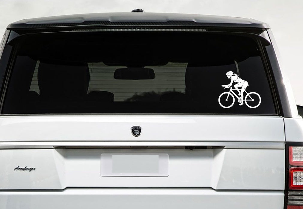 Auto Car Sticker Decal Woman Cycling Sport Bicycle 5" by 5.8" White Unique Gift z3004