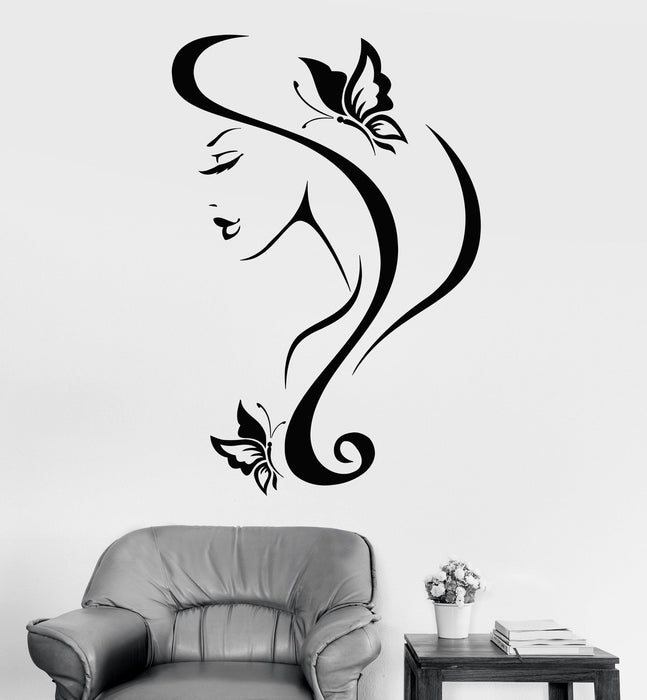 Vinyl Wall Decal Sexy Girl With Hair And Butterfly Spa Salon Decor Unique Gift (z3238)