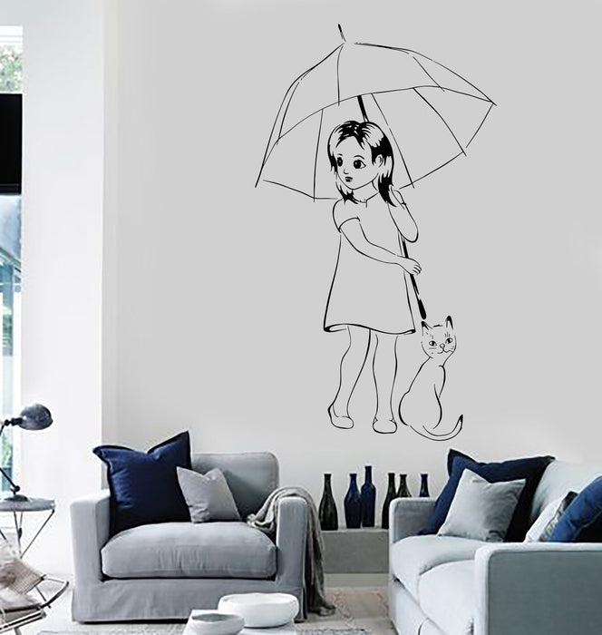 Wall Vinyl Decal Girl With Cat And Umbrella Romantic Kids Decor Unique Gift z3697