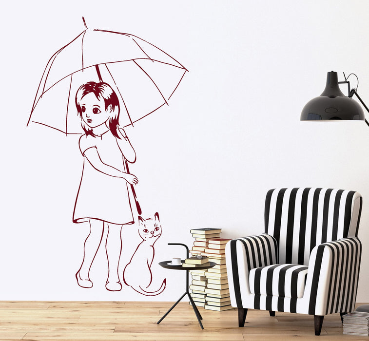 Wall Vinyl Decal Girl With Cat And Umbrella Romantic Kids Decor Unique Gift z3697