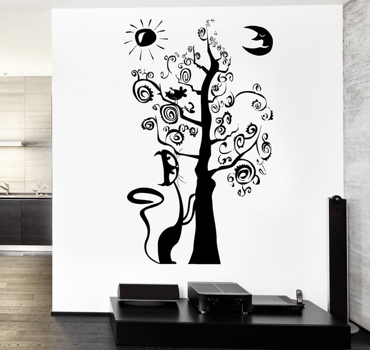 Autocollant mural en vinyle magique conte de fées arbre chat lune soleil décor cadeau unique z3770