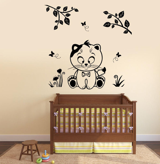 Wall Vinyl Decal Cat Kitty Nursery Kids Tree Butterfly Decor Unique Gift z3784