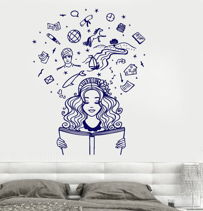 Wall Vinyl Decal Girl Reading A Book Imagination Fantasy Fairy Tale Romantic Unique Gift z3795