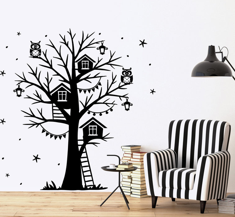 Autocollant mural en vinyle arbre magique branche étoile hibou conte de fées décor cadeau unique z3800