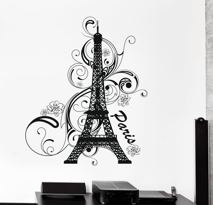 Wall Vinyl Decal Paris Flower Romantic Eiffel Tower Vacation Decor Unique Gift (z3830)
