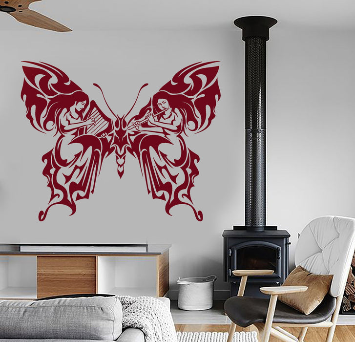 Wall Vinyl Decal Butterfly Nature Girl Playing Music Decor Unique Gift z3946