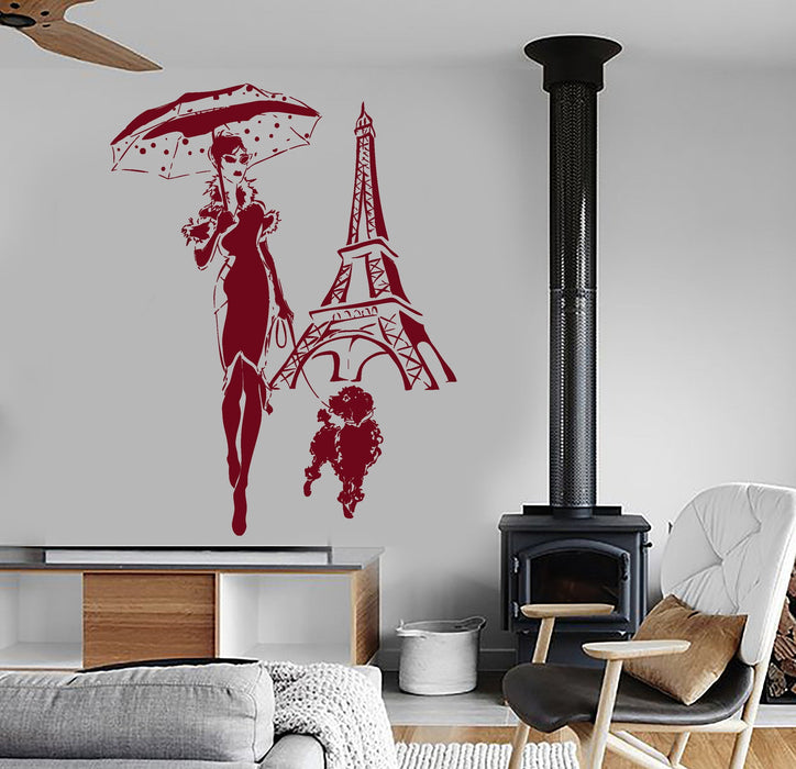 Wall Vinyl Decal Eiffel Tower Paris France Girl With Dog Romantic Decor Unique Gift z3964