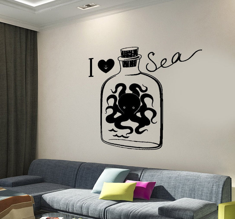 Наклейка на стену I Love Sea Bottle Octopus Marine Ocean Decor Уникальный подарок z3983
