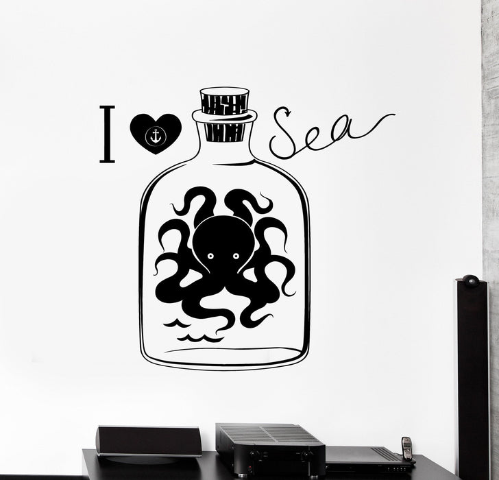 Наклейка на стену I Love Sea Bottle Octopus Marine Ocean Decor Уникальный подарок z3983