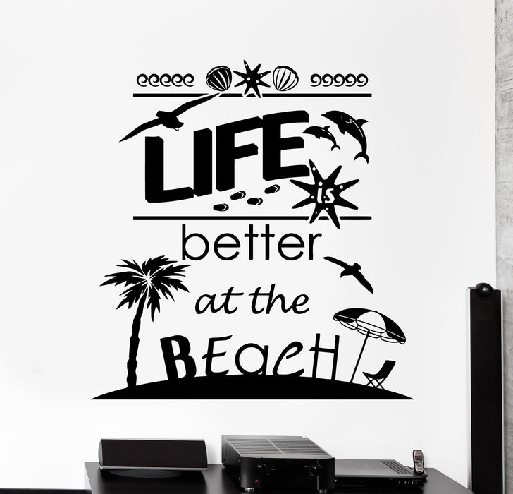 Wall Vinyl Decal Quotes Life Better At The Beach Palm Vacation Decor Unique Gift z4085
