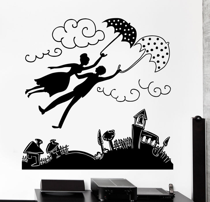 Наклейка на стену из винила Романтическая любовь Влюбленные Зонтик Летающий маленький город Декор Уникальный подарок z4091