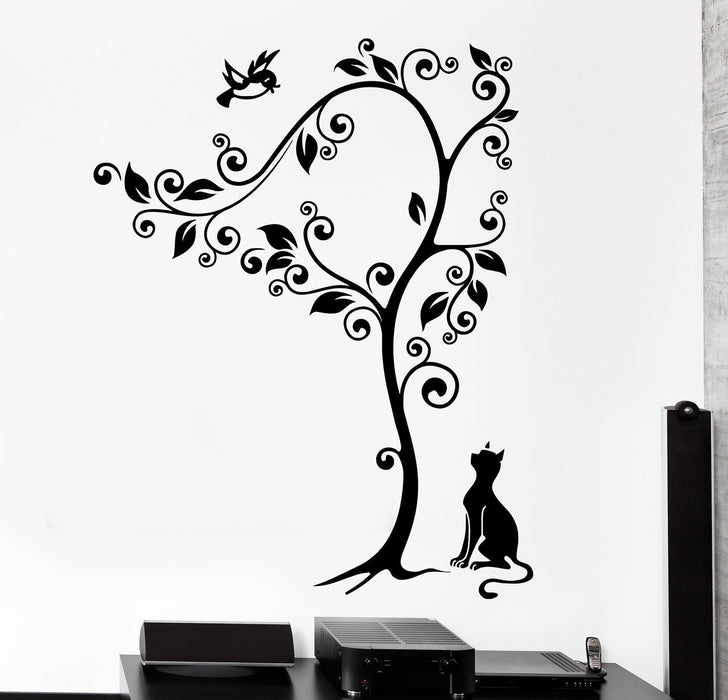 Wall Vinyl Decal Cat Tree Birds Nature Animals Cute Home Interior Decor Unique Gift z4129