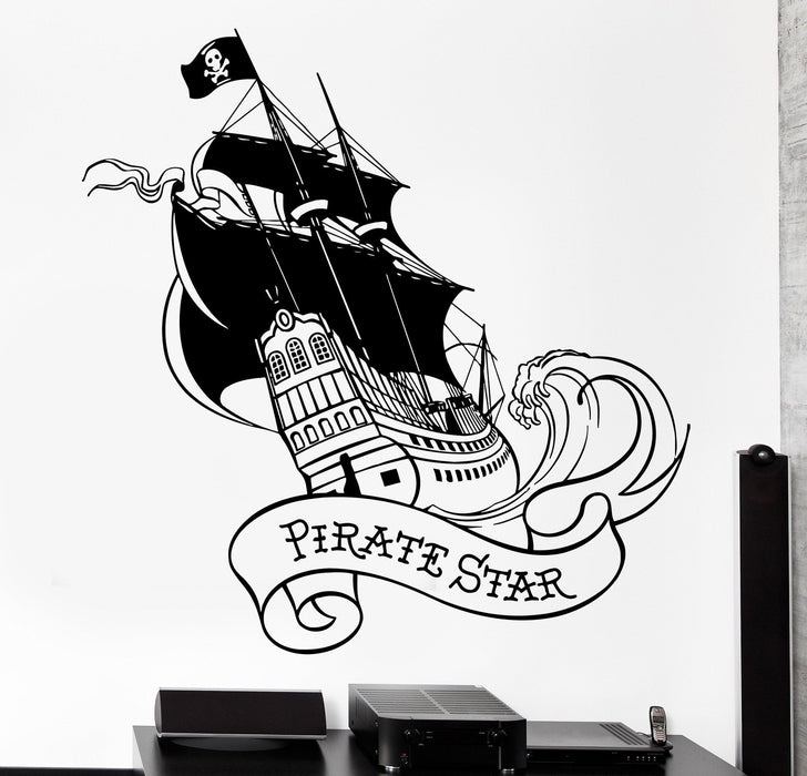 Наклейка на стену из винила Пиратский звездный корабль, яхта с черным парусом, океан, домашний интерьер, уникальный подарок z4137