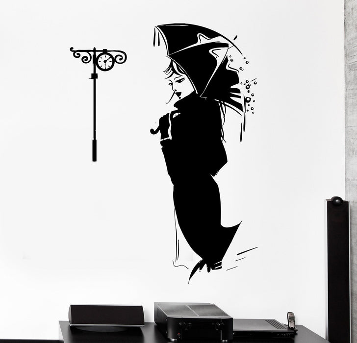 Wall Decal Beautiful Girl Woman Lady With Umbrella Clock Romantic Home Decor Unique Gift z4161