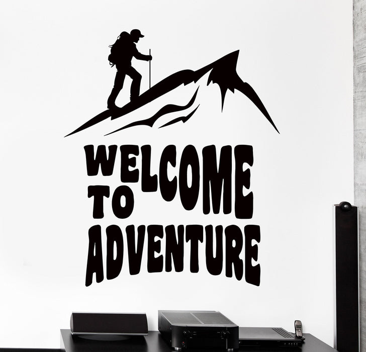 Wall Vinyl Decal Mountains Quote Welcome To Adventure Mountaineer Decor Unique Gift z4208