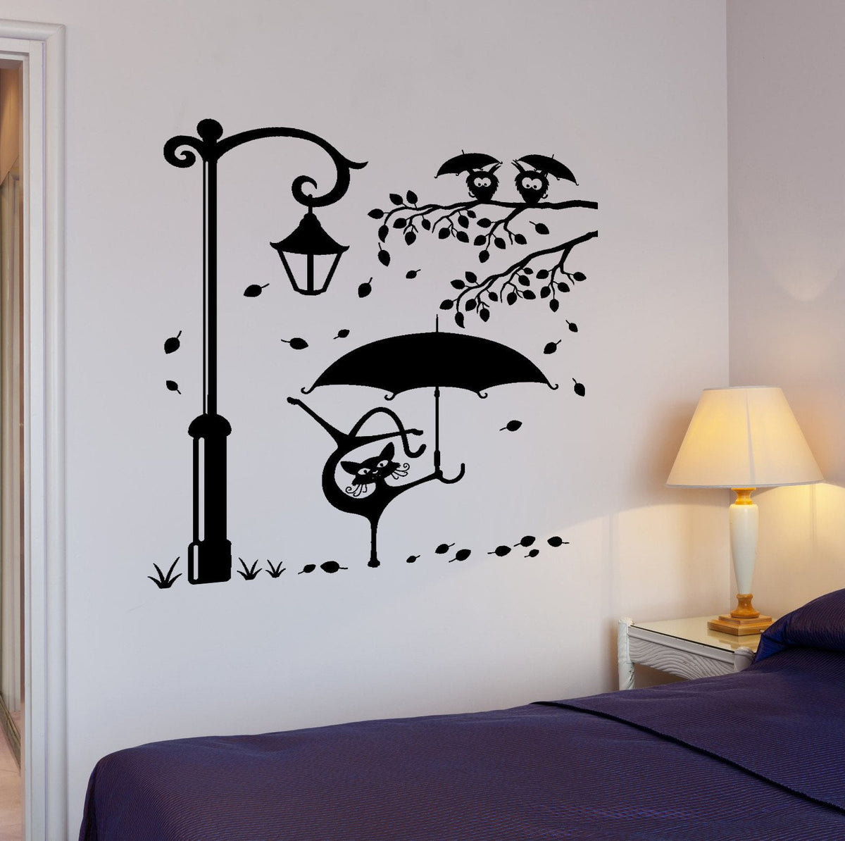 Wall Vinyl Decal Cat Rain Birds Romantic Umbrella Home Interior Decor ...