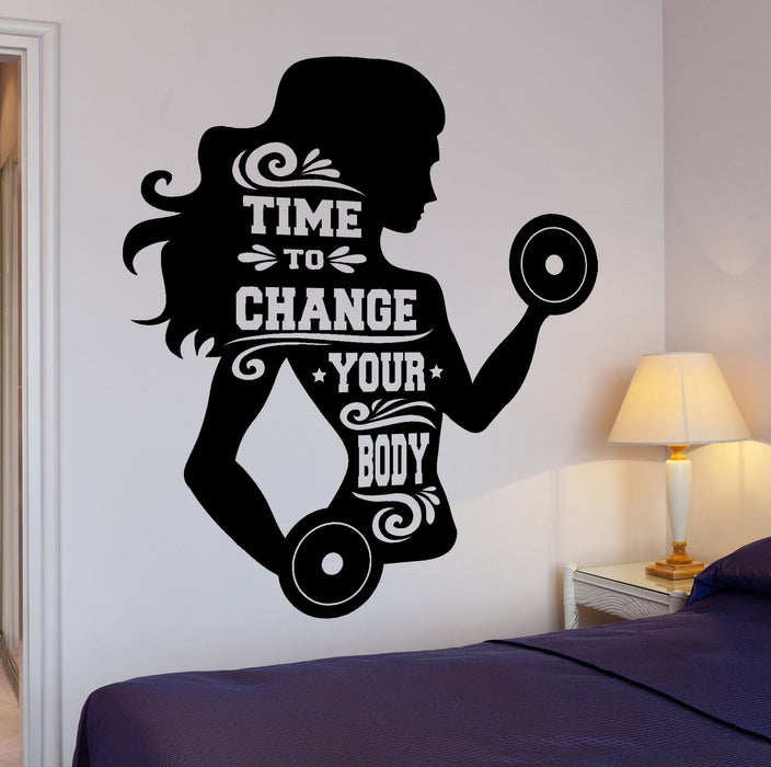 Wall Vinyl Decal Sport Fitness Quote Words Time To Change Your Body Decor Unique Gift z4305