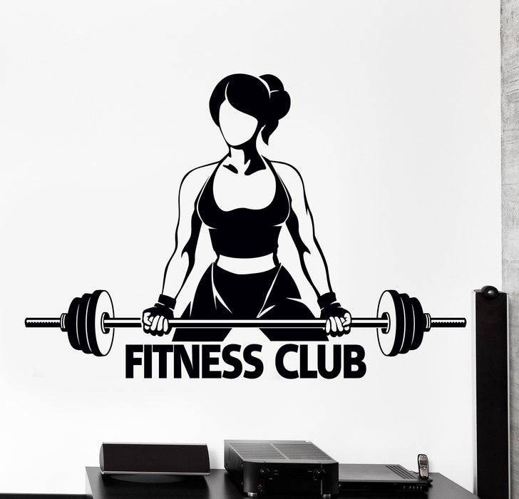 Wall Vinyl Decal Fitness Club Girl Woman With Barbell Bodybuilding Decor Unique Gift z4345