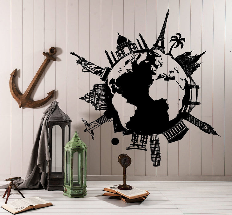 Wall Vinyl Decal Map Atlas Of The World Statue Of Liberty Paris New York Decor Unique Gift z4410