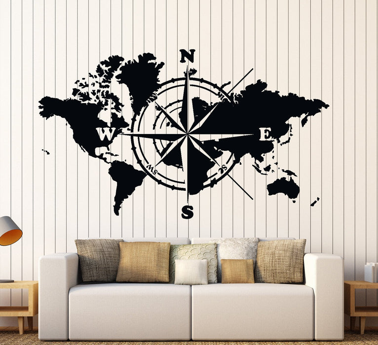 Wall Vinyl Decal World Map Atlas Of The World Compass Home Interior Decor Unique Gift z4422