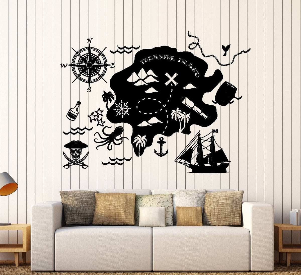 Wall Vinyl Decal Pirate Map Treasure Island Skull Anchor Home Interior —  Wallstickers4you, image size:1200x1096