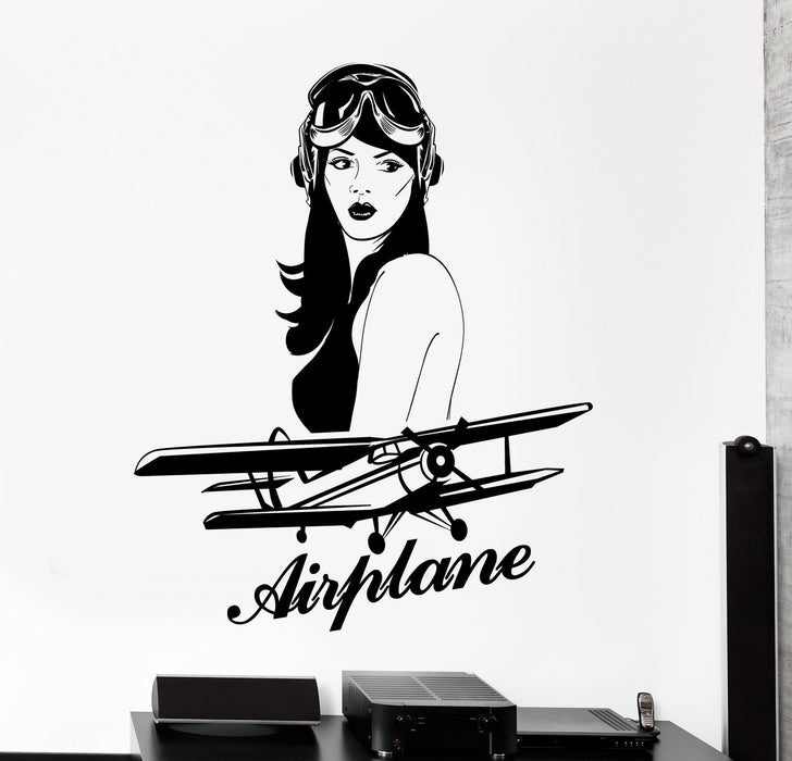 Vinyl Wall Decal Hot Woman Pilot Retro Airplane Jet Home Interior Decor Unique Gift z4495