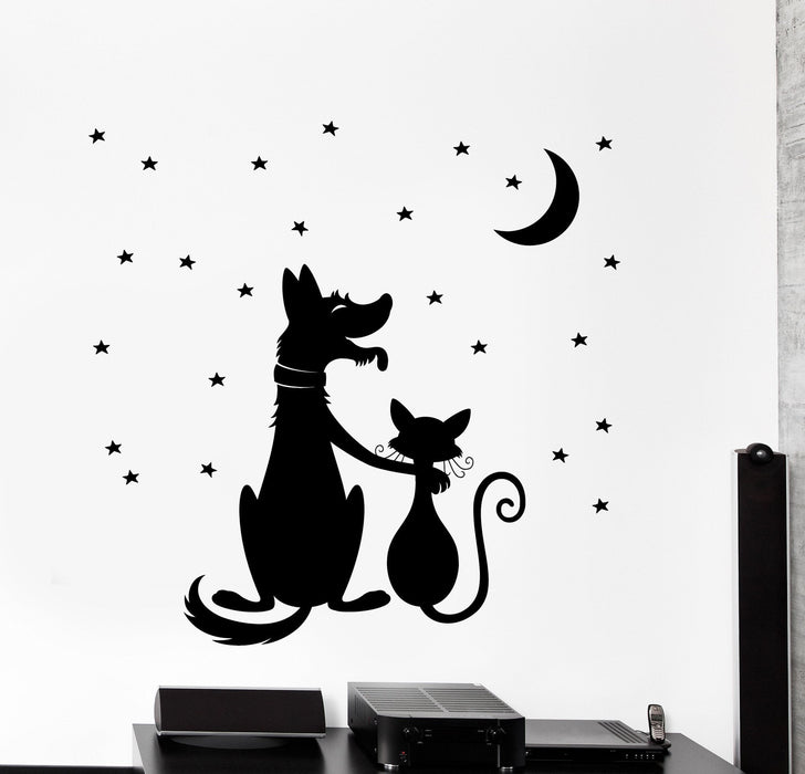 Vinyl Wall Decal Friends Cat And Dog Night Stars Romantic Home Decor Unique Gift z4499
