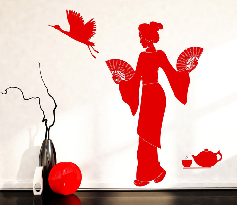 Vinyl Wall Decal Japanese Geisha With Fan Bird Tea Ceremony Style Decor Unique Gift z4592