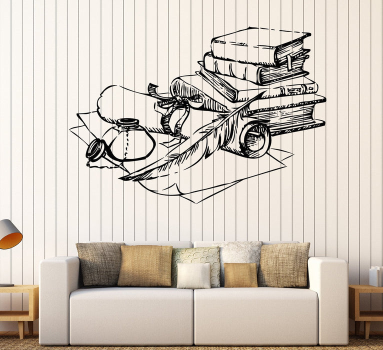 Wall Vinyl Decal Ancient Books Inkwell Pen Scroll Paper Interior Decor Unique Gift z4690