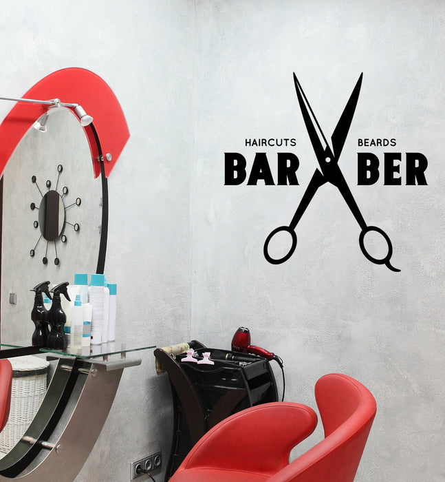 Wall Vinyl Decal Hair Salon Moustache Haircut Scissors Barbershop Decor Unique Gift z4742