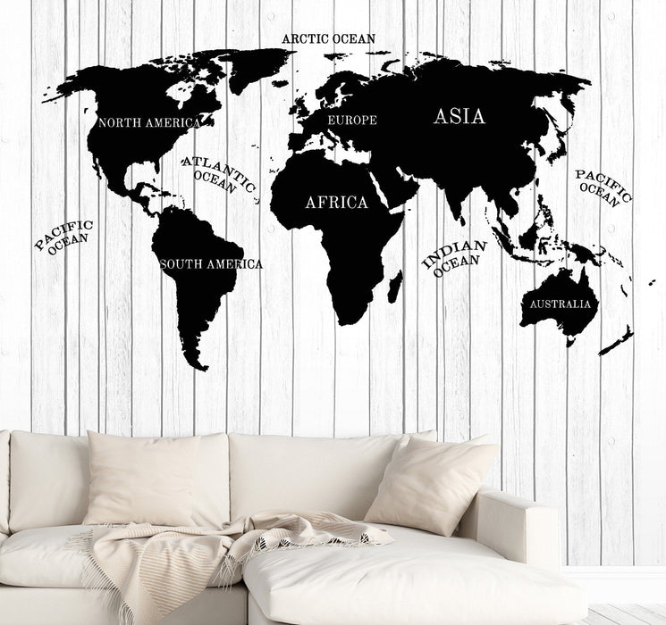 Wall Vinyl Decal World Map Inscriptions Continent Compass Home Decor Unique Gift z4793